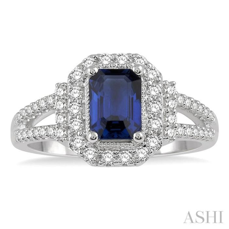 7x5 MM Emerald Shape Sapphire and 1/2 Ctw Round Cut Diamond Precious Ring in 14K White Gold