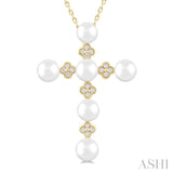 4 MM Round Shape Cultured Pearl and 1/10 Ctw Clover Round Cut Diamond Cross Pendant With Chain in 10K Yellow Gold