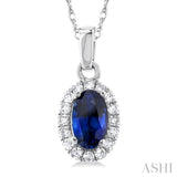 5x3 MM Oval Shape Sapphire and 1/20 Ctw Single Cut Diamond Halo Precious Pendant with Chain in 14K White Gold