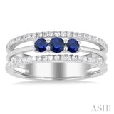 3.2 MM, 2.7 MM Round Cut Sapphire & 1/4 Ctw Round Cut Diamond Past, Present and Future Precious Layered Fashion Ring in 10K White Gold