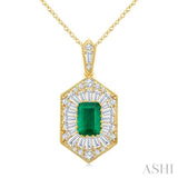 1/2 Ctw Art Deco Hexagon 6X4MM Octagon Shape Emerald, Baguette and Round Cut Diamond Precious Pendant With Chain in 14K Yellow Gold