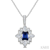 5/8 Ctw Art Deco 6X4MM Octagon Shape Sapphire and Mixed Cut Diamond Precious Pendant With Chain in 14K White Gold