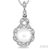 6.5 MM Cultured Pearl and 1/10 ctw Single Cut Diamond Pendant in 10K White Gold with Chain