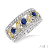 3 MM Diamond cut Round Sapphire and 1/6 ctw Round Cut Diamond Precious Fashion Ring in 14K White and Yellow Gold