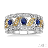 3 MM Diamond cut Round Sapphire and 1/6 ctw Round Cut Diamond Precious Fashion Ring in 14K White and Yellow Gold