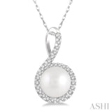 7x7 MM Round Shape Center Cultured Pearl and 1/10 Ctw Round Cut Diamond Pendant in 10K White Gold