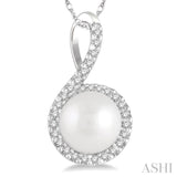 7x7 MM Round Shape Center Cultured Pearl and 1/10 ctw Round Cut Diamond Pendant in 10K White Gold