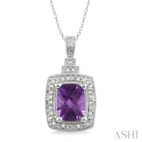 9x7 MM Cushion Shape Amethyst and 1/10 ctw Single Cut Diamond Pendant in Sterling Silver with Chain