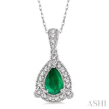 6x4 MM Pear Shape Emerald and 1/10 ctw Round Cut Diamond Pendant in 10K White Gold with Chain