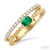 4x3 MM Emerald and 1/5 Ctw Single Cut Diamond Precious Split Twin Ring in 10K Yellow Gold