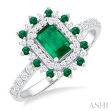 6X4 MM Emerald Shape & 1.5 MM Round Cut Ruby and 1/3 ctw Round Cut Diamond Floral Precious Ring in 14K White Gold