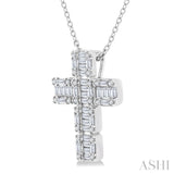 1/2 Ctw Fusion Baguette and Round Cut Diamond Cross Fashion Pendant With Chain in 14K White Gold