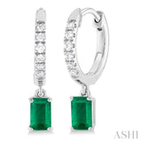 5x3 MM Emerlad Cut Emerald and 1/8 ctw Round Cut Diamond Precious Petite Fashion Huggies in 10K White Gold