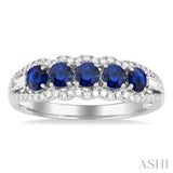 3.1 MM Round Sapphire and 1/4 ctw Baguette and Single Cut Diamond 5-Stone Precious Ring in 14K White Gold