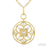 1/4 ctw Circle Floral Carving Round Cut Diamond Fashion Pendant With Paperclip Chain in 14K Yellow Gold