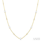 4 MM Round Shape Cultured Pearl and 1/6 ctw Round Cut Diamond Station Necklace in 14K Yellow Gold