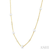 4 MM Round Shape Cultured Pearl and 1/6 ctw Round Cut Diamond Station Necklace in 14K Yellow Gold