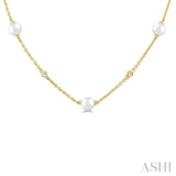 4 MM Round Shape Cultured Pearl and 1/6 ctw Round Cut Diamond Station Necklace in 14K Yellow Gold