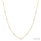 3 MM Round Shape Cultured Pearl and 1/8 ctw Round Cut Diamond Station Necklace in 14K Yellow Gold