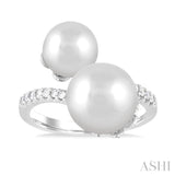 8 MM and 10 MM Cultured Pearl and 1/4 ctw Open Bypass Round Cut Diamond Fashion Ring in 14K White Gold