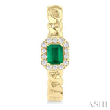 4X3 MM Curb Chain Inspired Octagonal Centerpiece Emerald and 1/6 ctw Round Cut Diamond Precious Fashion Hoop Earring in 10K Yellow Gold