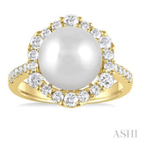 10 MM Cultured Pearl and 3/4 ctw Hexagon Shape Round Cut Diamond Ring in 14K Yellow Gold