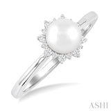 6 MM Round Shape Cultured Pearl and 1/10 ctw Petite Round Cut Diamond Sunburst Halo Fashion Ring in 10K White Gold