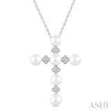 4 MM Round Shape Cultured Pearl and  1/10 Ctw Clover Round Cut Diamond Cross Pendant With Chain in 10K White Gold