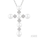 4 MM Round Shape Cultured Pearl and  1/10 Ctw Clover Round Cut Diamond Cross Pendant With Chain in 10K White Gold