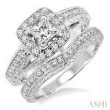 7/8 Ctw Diamond Wedding Set with 5/8 Ctw Princess Cut Engagement Ring and 1/5 Ctw Wedding Band in 14K White Gold