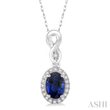 6x4 MM Oval Cut Sapphire and 1/10 Ctw Round Cut Diamond Pendant in 10K White Gold with Chain
