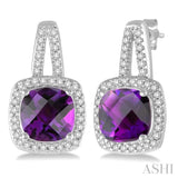 7x7 MM Cushion Cut Amethyst and 1/4 Ctw Round Cut Diamond Earrings in 10K White Gold