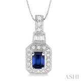 7x5mm Octagon Cut Sapphire and 1/2 Ctw Round and Baguette Cut Diamond Pendant in 14K White Gold with Chain