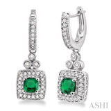 4x4MM Cushion Cut Emerald and 1/3 Ctw Round Cut Diamond Earrings in 14K White Gold