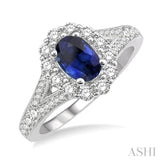 6X4MM Oval Shape Sapphire Center and 3/8 Ctw Round Cut Diamond Precious Stone Ring in 14K White Gold