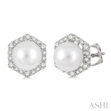 7X7MM Pearl and 1/3 Ctw Hexagon Shape Round Cut Diamond Earrings in 14K White Gold