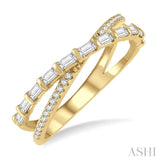 3/8 ctw Wide Split Cross Over Baguette and Round Cut Diamond Fashion Ring in 14K Yellow Gold