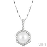 8X8MM Pearl and 1/3 Ctw Hexagon Shape Round Cut Diamond Pendant With Chain in 14K White Gold
