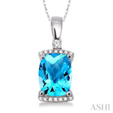 9x7MM Cushion Cut Blue Topaz and 1/10 Ctw Round Cut Diamond Pendant in 14K White Gold with Chain
