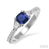 5X5mm Cushion Cut Sapphire and 1/3 Ctw Diamond Ring in 14K White Gold