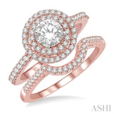 5/8 Ctw Diamond Wedding Set in 14K With 1/2 Ctw Round Shape Engagement Ring in Rose and White Gold and 1/10 Ctw U-Shape Wedding Band in Rose Gold