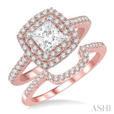1 1/5 Ctw Diamond Wedding Set in 14K With 1 Ctw Cushion Shape Double Row Engagement Ring in Rose and White Gold and 1/5 Ctw Wedding Band in Rose Gold